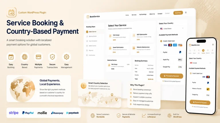 Custom WordPress Plugin: Service Booking and Country-Based Payment